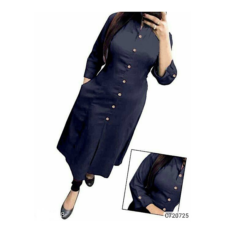 Pretty Slub Cotton Solid with Button Work Calf Length Selfie Kutis C720725-min