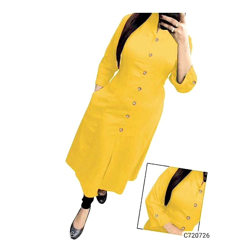 Pretty Slub Cotton Solid with Button Work Calf Length Selfie Kurtis C720726