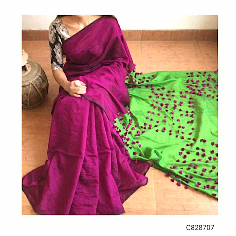 Handwoven Cotton Silk Sarees with Pompom Work 007