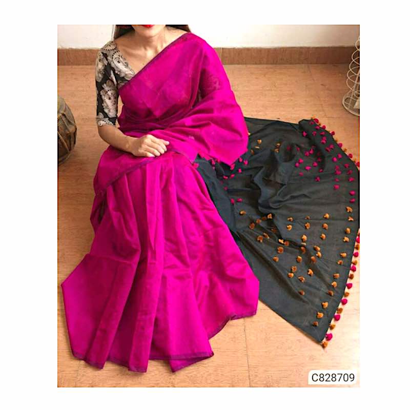 Handwoven Cotton Silk Sarees with Pompom Work 004