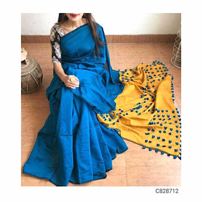 Handwoven Cotton Silk Sarees with Pompom Work 005