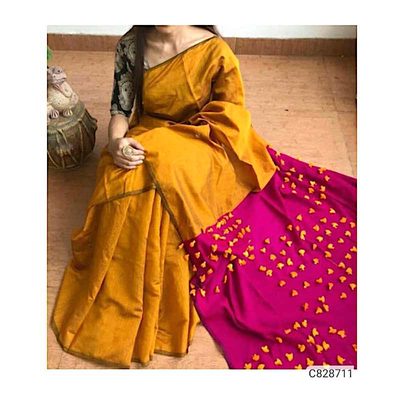 Handwoven Cotton Silk Sarees with Pompom Work 001