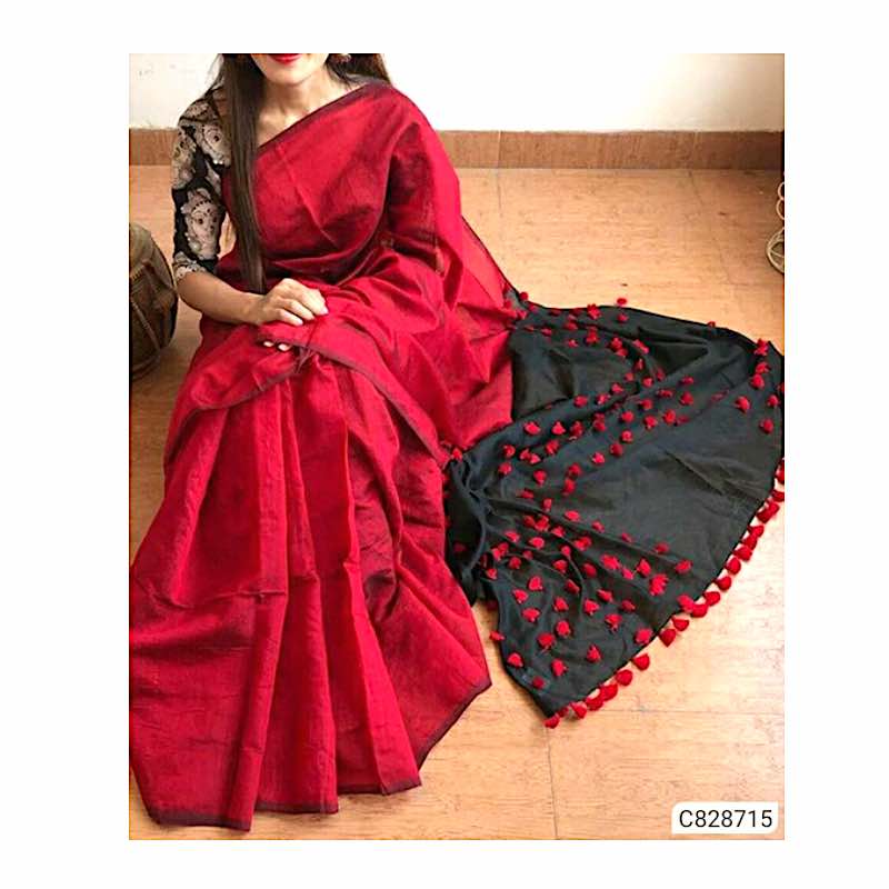 Handwoven Cotton Silk Sarees with Pompom Work 002