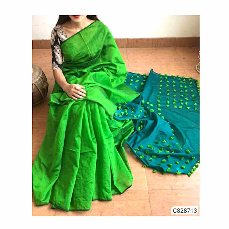 Handwoven Cotton Silk Sarees with Pompom Work 003